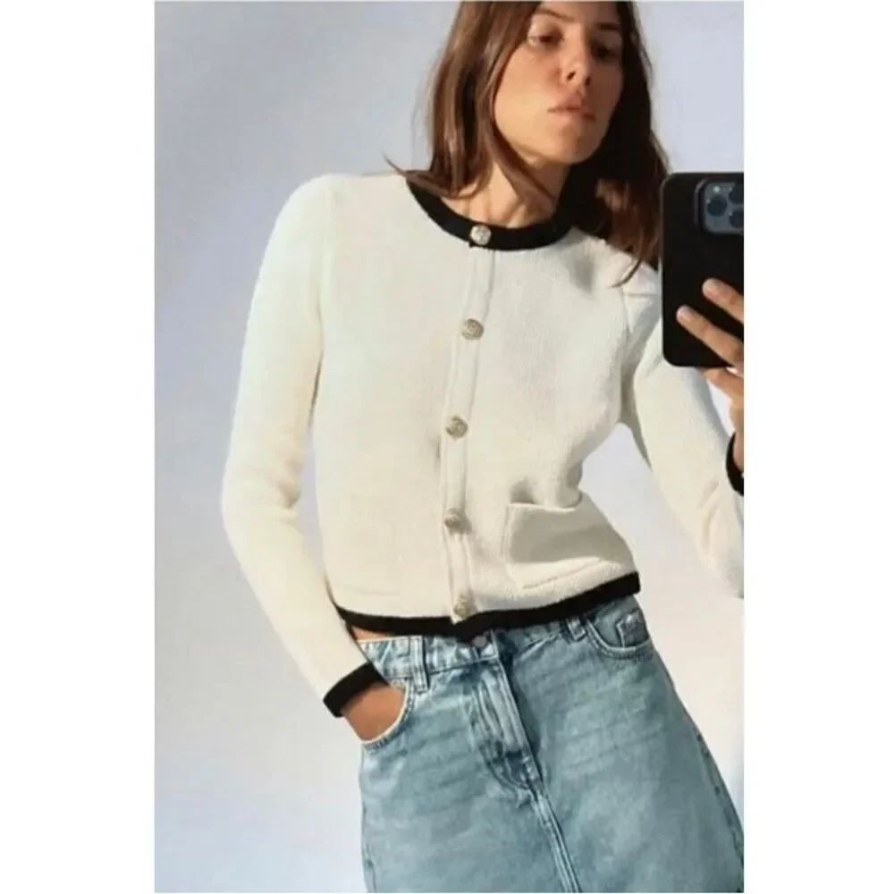 ZARA GOLDEN BUTTON KNIT CARDIGAN SWEATER BLACK WHITE MEDIUM